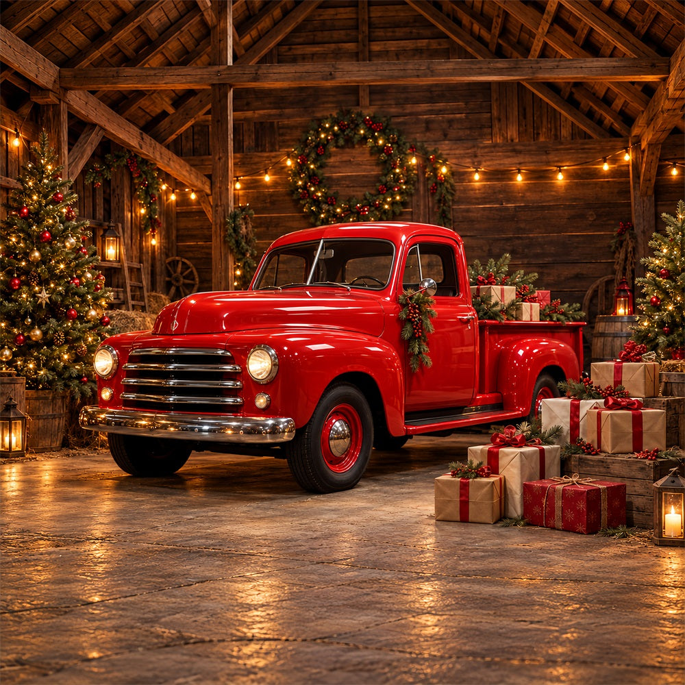 Christmas Photography Backdrop Vintage Red Truck Barn Merry Christmas Backdrops UK HQ610-184