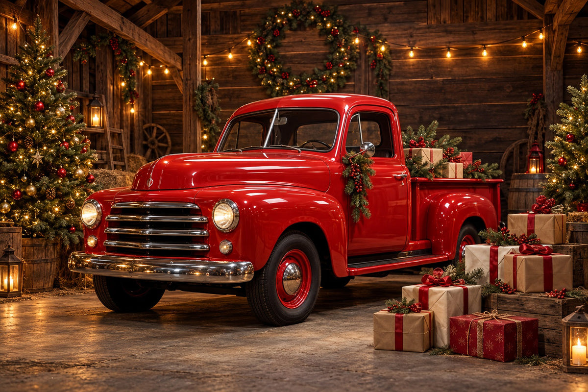 Christmas Photography Backdrop Vintage Red Truck Barn Merry Christmas Backdrops UK HQ610-184