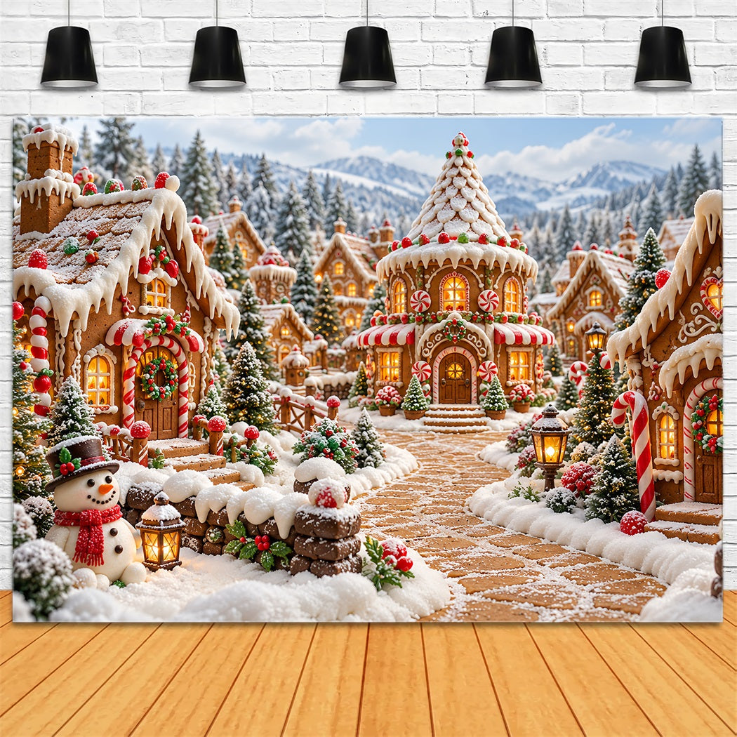 Christmas Gingerbread Backdrop Snowy Candy Cottage Village Christmas Backdrop Picture UK HQ610-185