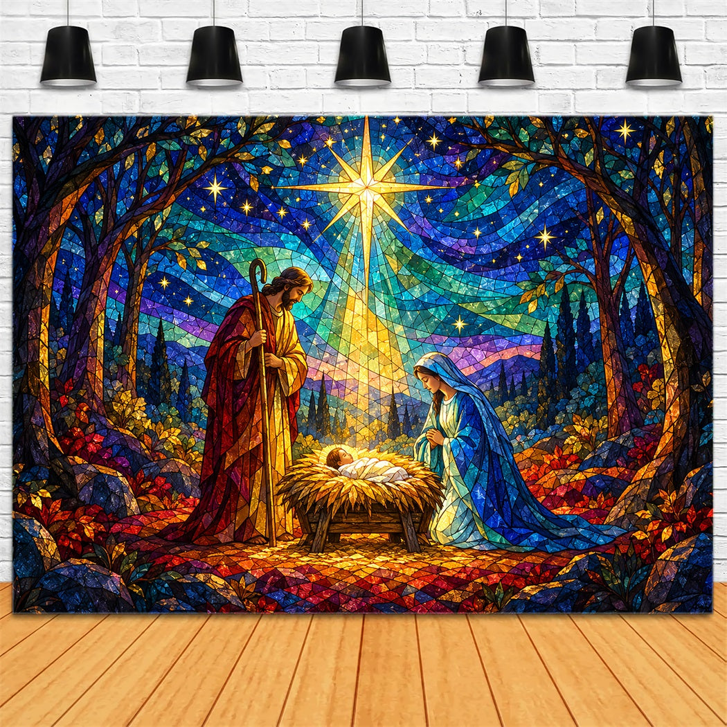 Nativity Scene Backdrop Stained Glass Bethlehem Star Christmas Backdrop Sale UK HQ610-187