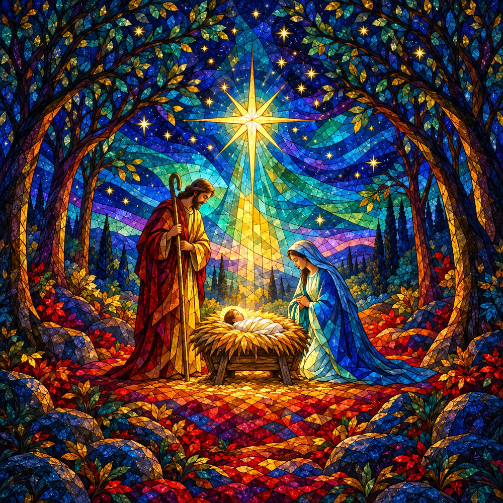 Nativity Scene Backdrop Stained Glass Bethlehem Star Christmas Backdrop Sale UK HQ610-187