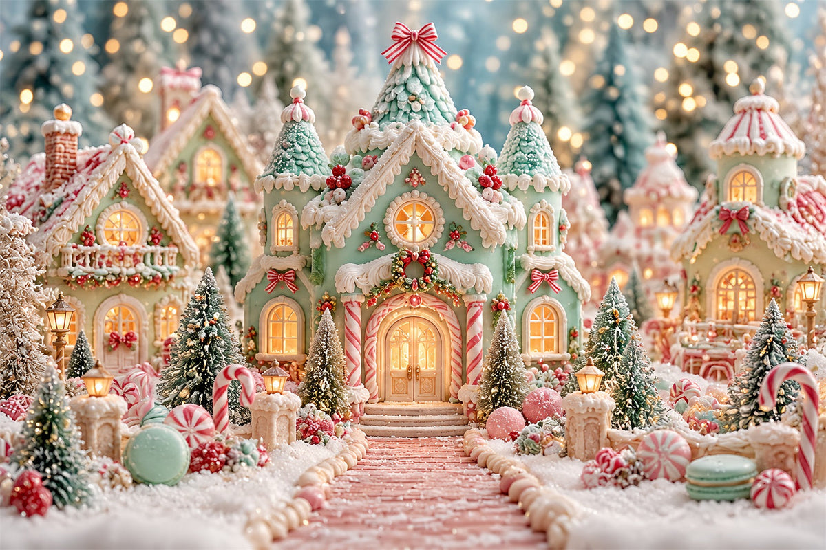 Gingerbread House Photo Backdrop Pastel Candyland Village Christmas Party Backdrop Ideas UK HQ610-188