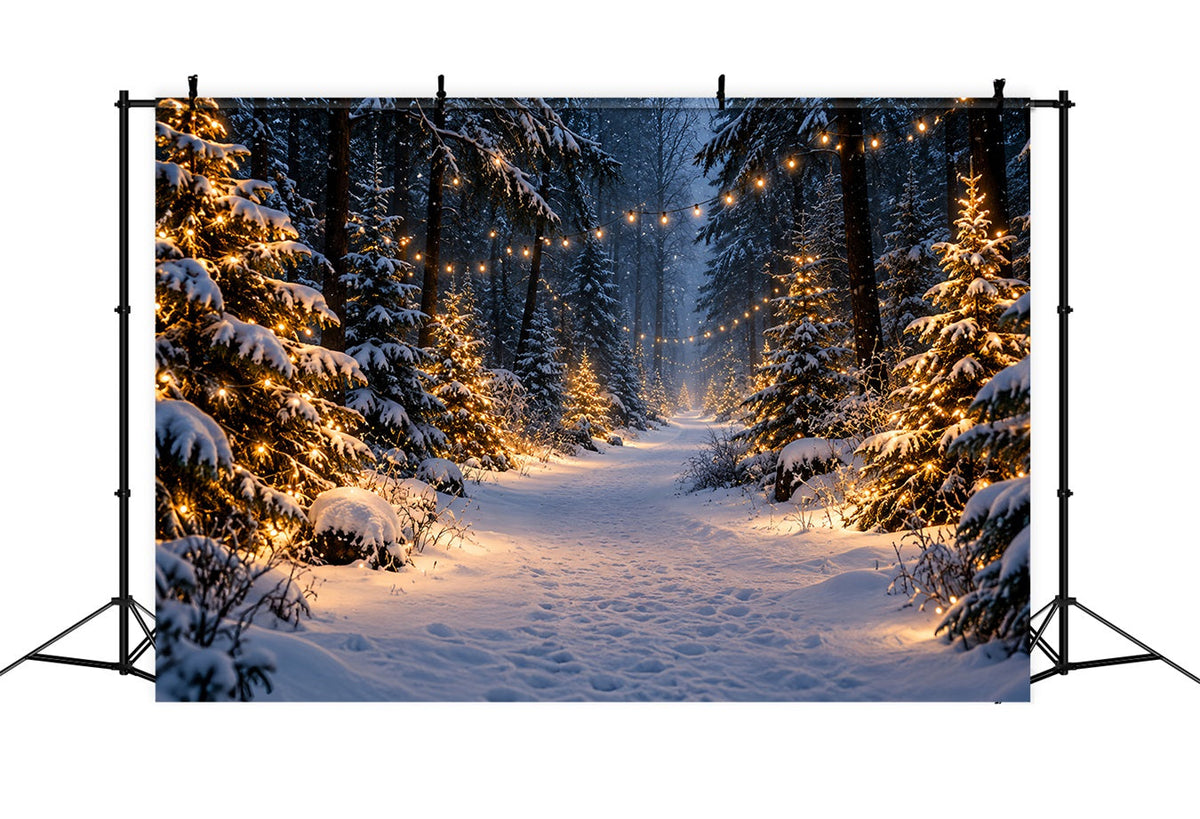 Christmas Tree Farm Photo Backdrop Glowing Snowy Forest Path Photography Backdrop Christmas UK HQ610-190