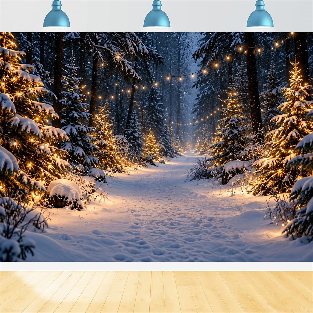 Christmas Tree Farm Photo Backdrop Glowing Snowy Forest Path Photography Backdrop Christmas UK HQ610-190