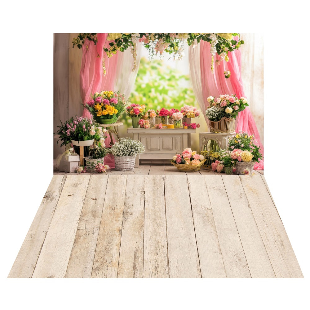 Spring Blooming Florist Shop Backdrop+White Plank Floor Backdrop UK LXX2-182