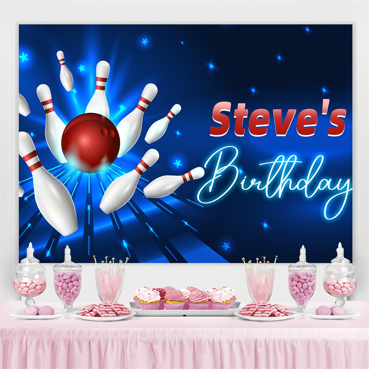Personalized Backdrop For Birthday Glowing Bowling Pins Backdrop UK LXX4-13