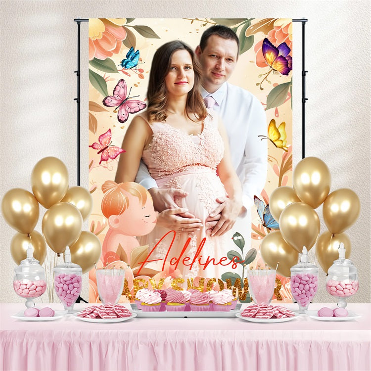 Baby Shower Backdrops Girl Glow Butterfly Flowers Personalised Backdrop UK LXX4-210