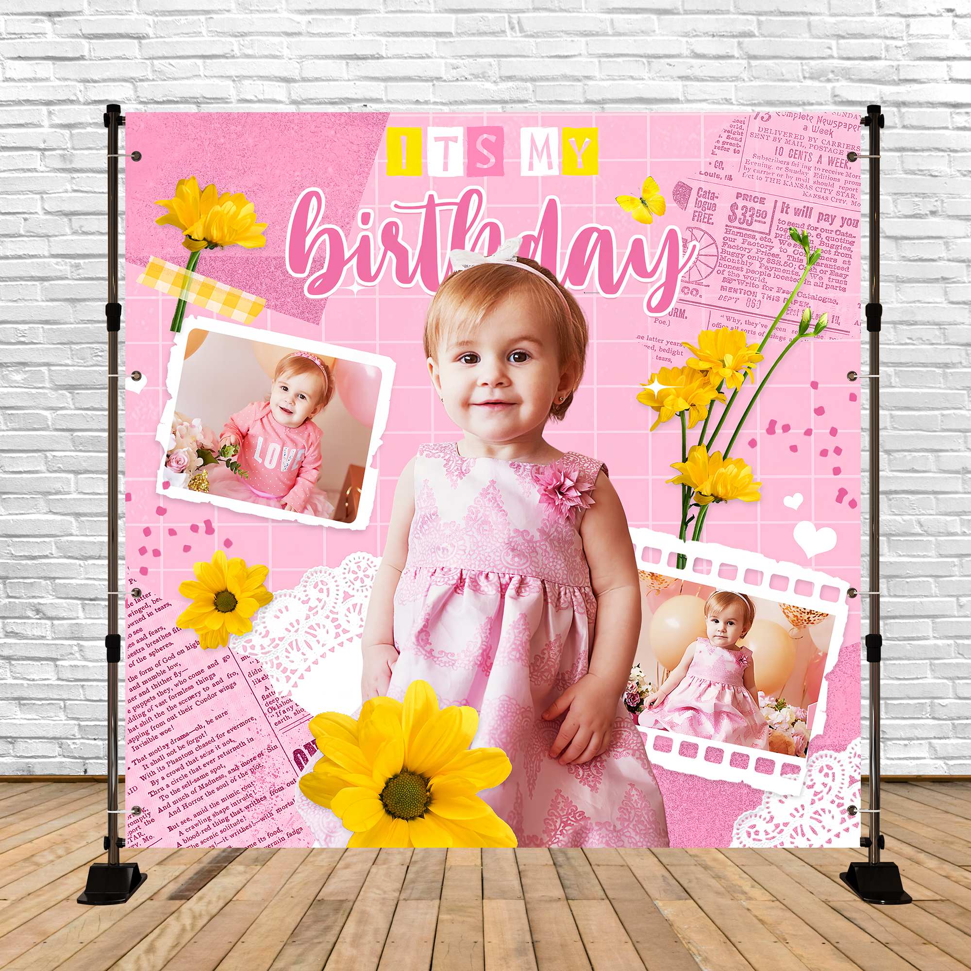 Backdrop For Birthday Pink Scrapbook Flower Personalized Backdrop UK LXX5-104