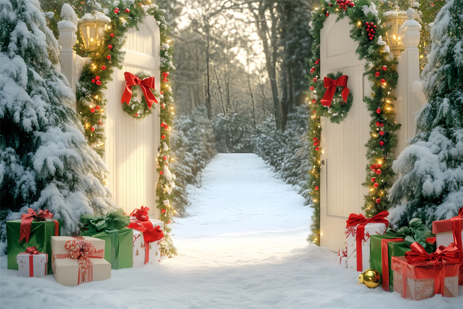 Bow Backdrop Snowy Gate Forest Pathway Christmas Backdrop UK LXX510-152