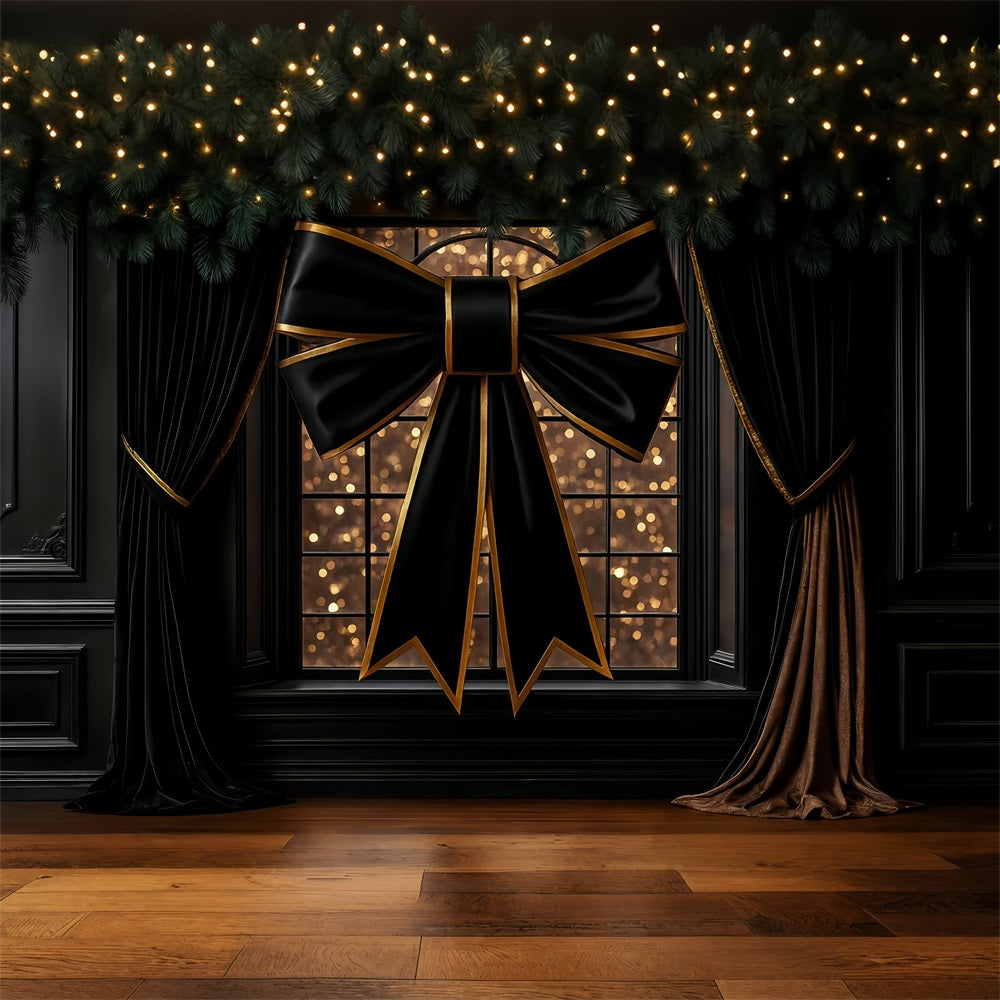 Large Bow Backdrop Elegant Black Gold Window Christmas Photo Backdrop UK LXX510-156