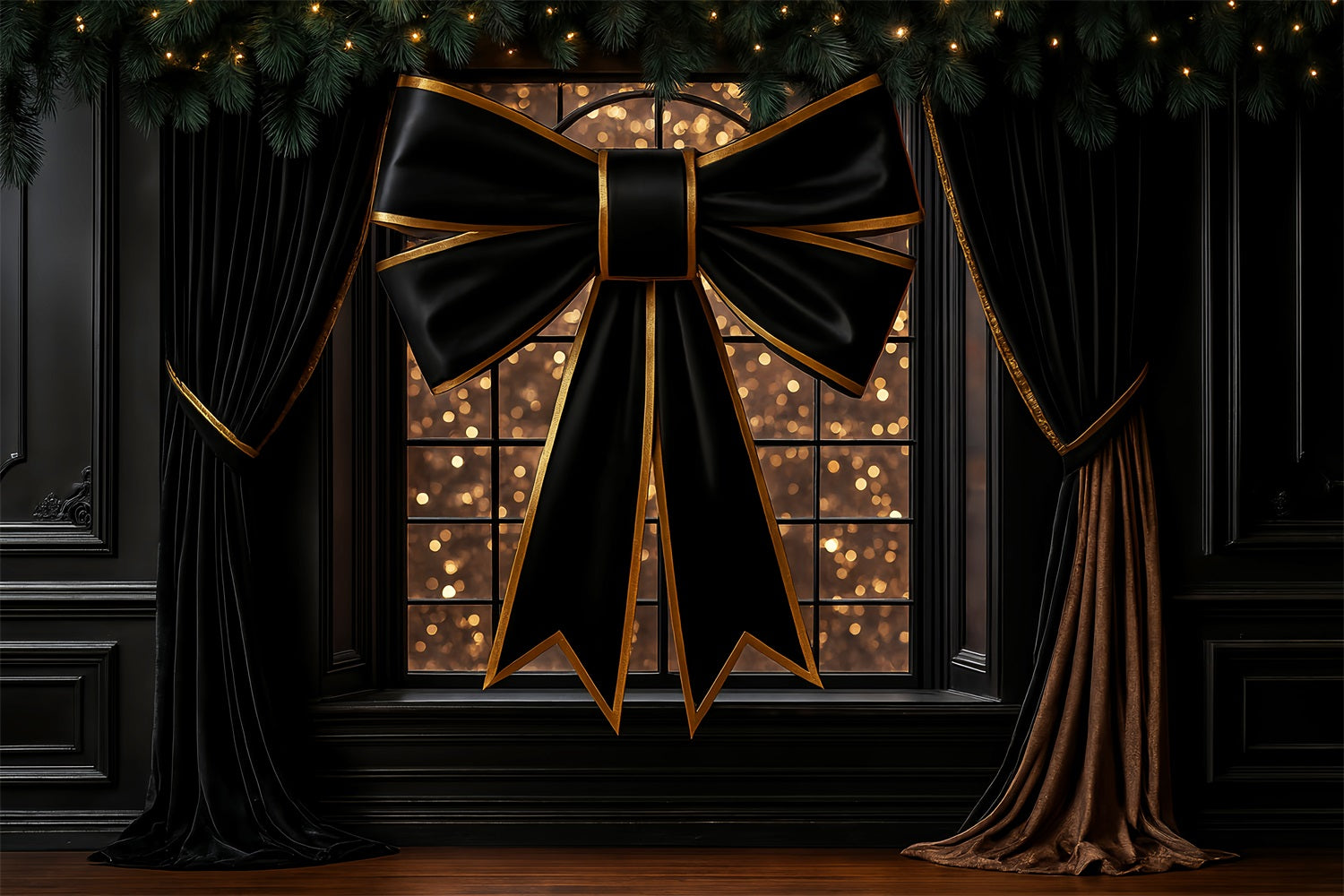 Large Bow Backdrop Elegant Black Gold Window Christmas Photo Backdrop UK LXX510-156