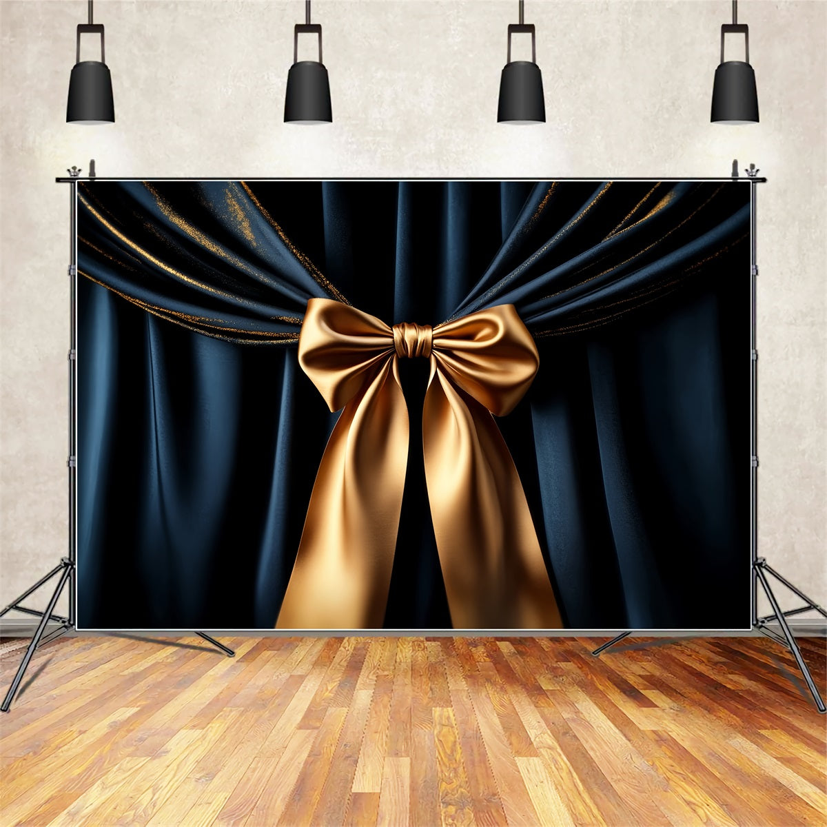 Large Bow Backdrop Navy Drapes Golden Accent Holiday Backdrop UK LXX510-158