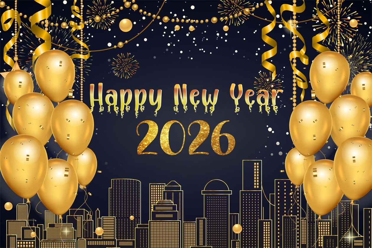 Happy New Year Backdrop Metallic Streamers Skyline Glow New Year Backdrop UK LXX510-2