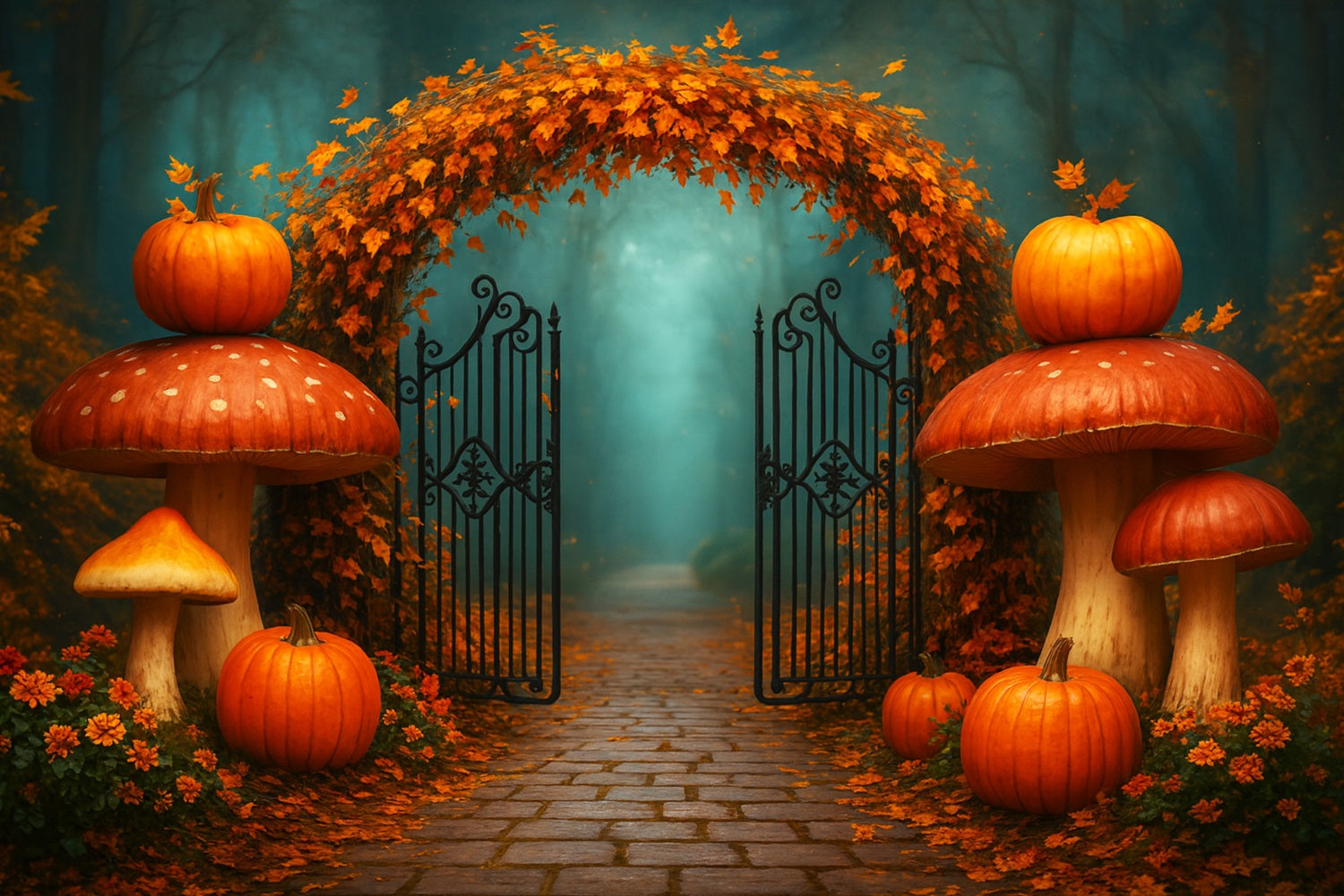 Pumpkins Gate Backdrop Maple Arch Forest Path Thanksgiving Backdrops UK LXX510-20