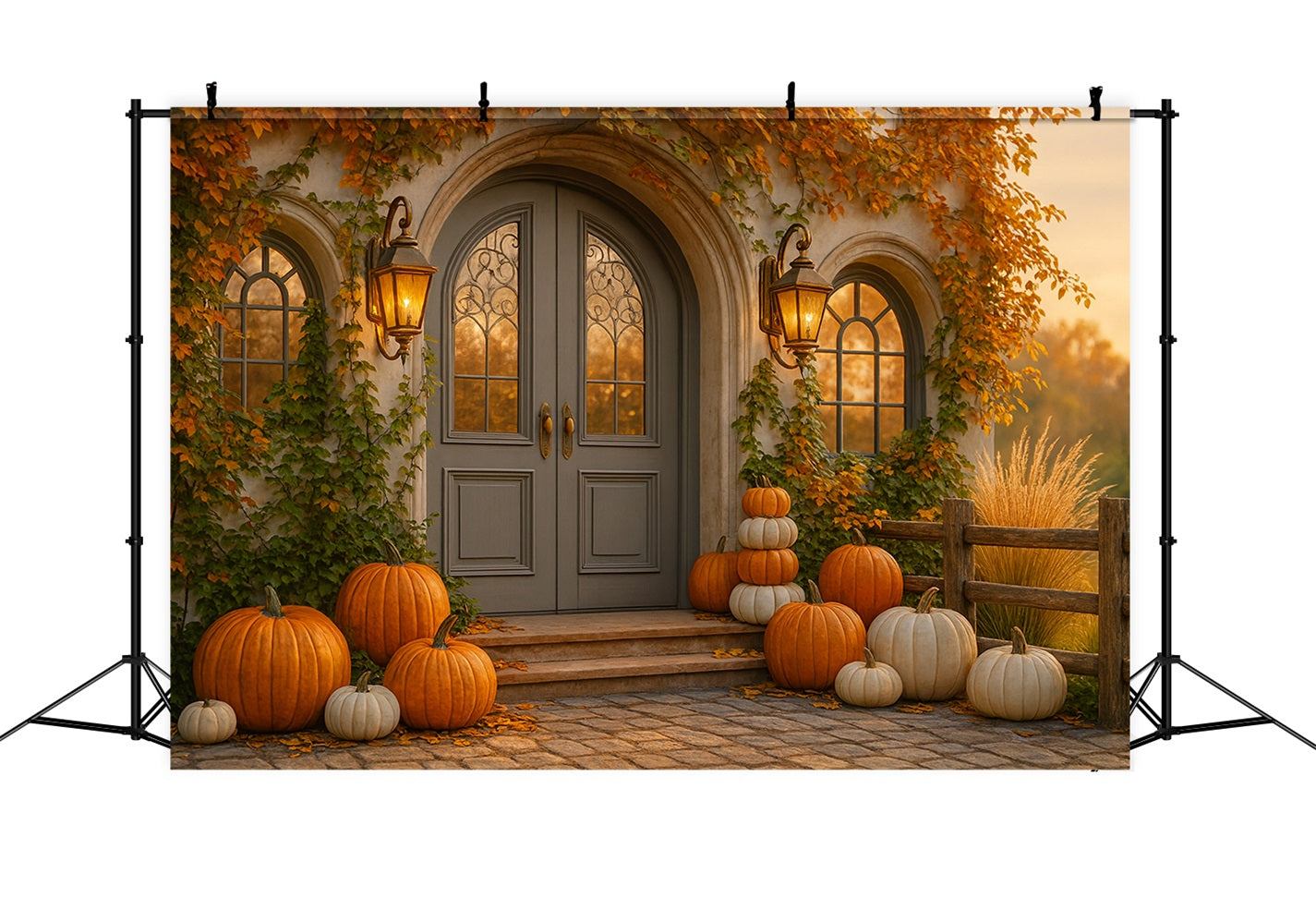 Pumpkin Backdrop Cottage Door Pumpkin Porch Happy Thanksgiving Backdrop UK LXX510-23