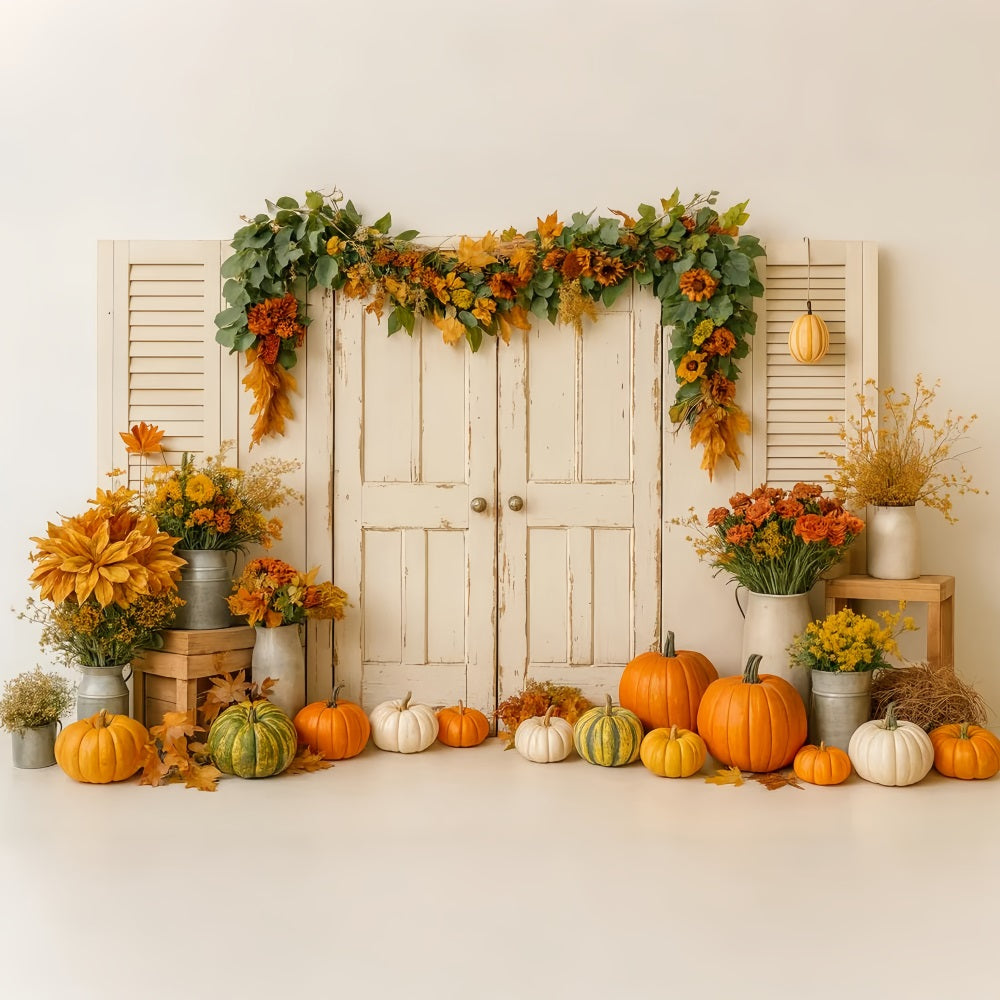 Pumpkin Backdrop Vintage Door Harvest Florals Thanksgiving Photo Backdrop UK LXX510-25