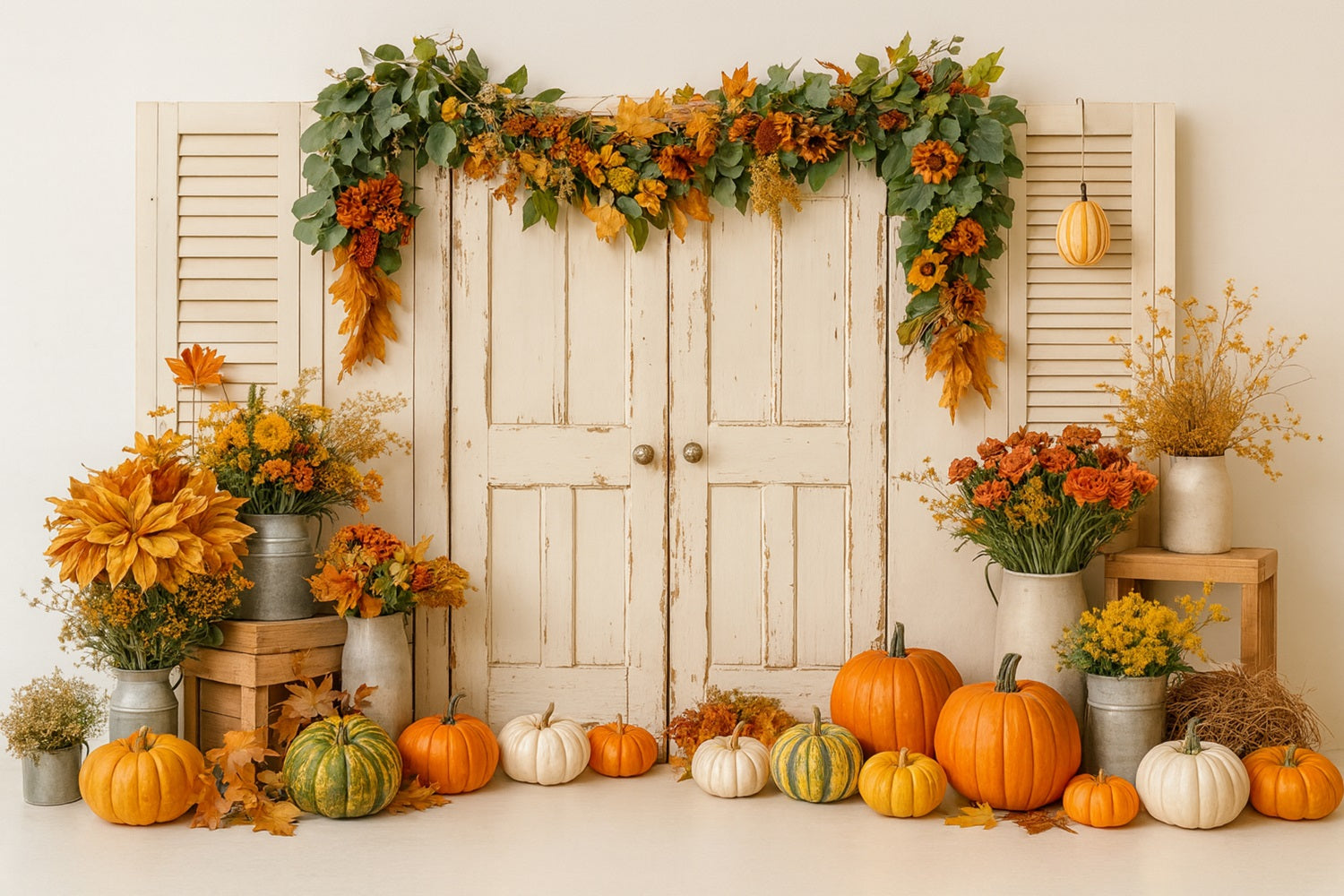 Pumpkin Backdrop Vintage Door Harvest Florals Thanksgiving Photo Backdrop UK LXX510-25