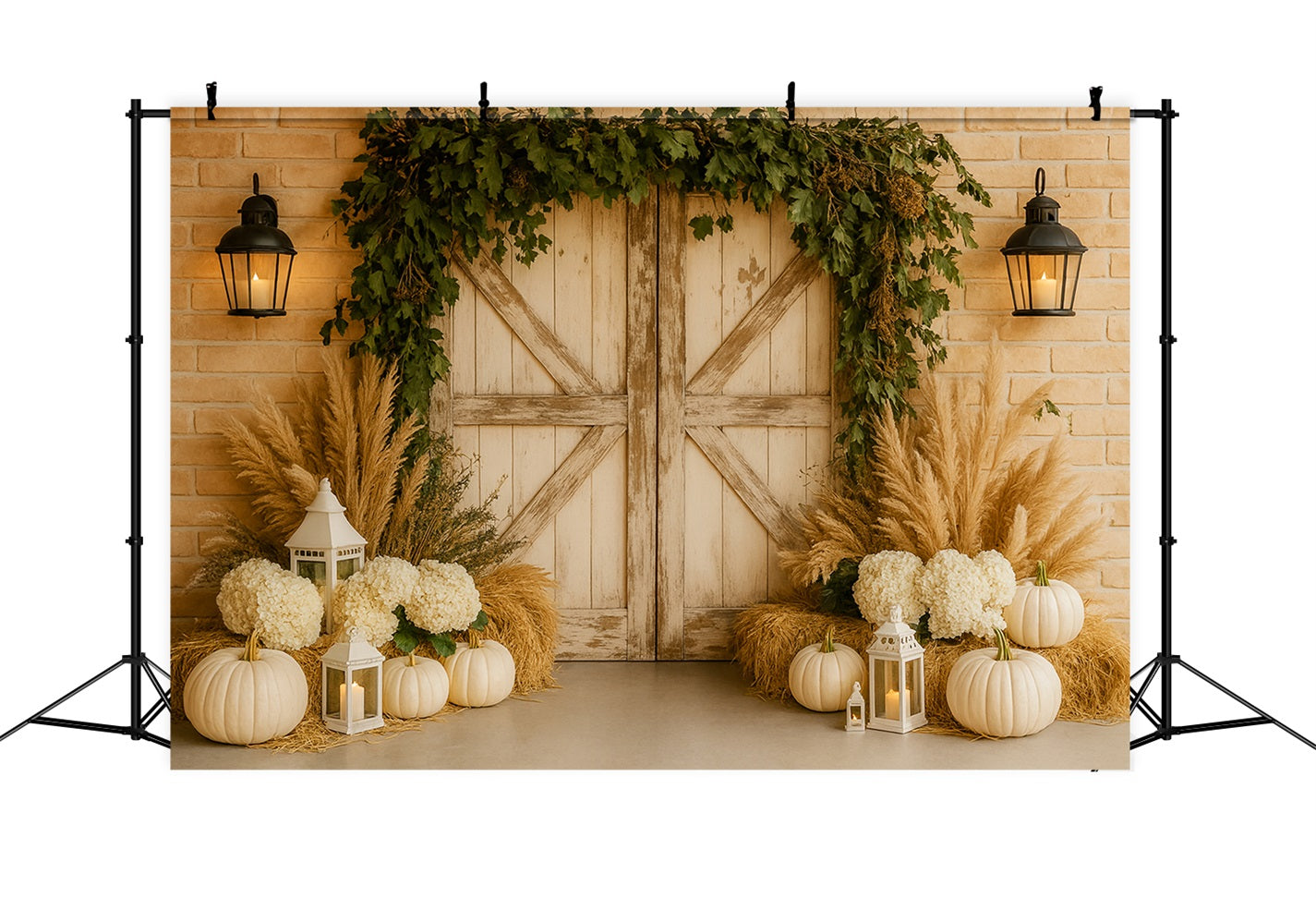 Pumpkin Backdrop Neutral Pampas Elegant Entry Thanksgiving Photo Backdrops UK LXX510-28