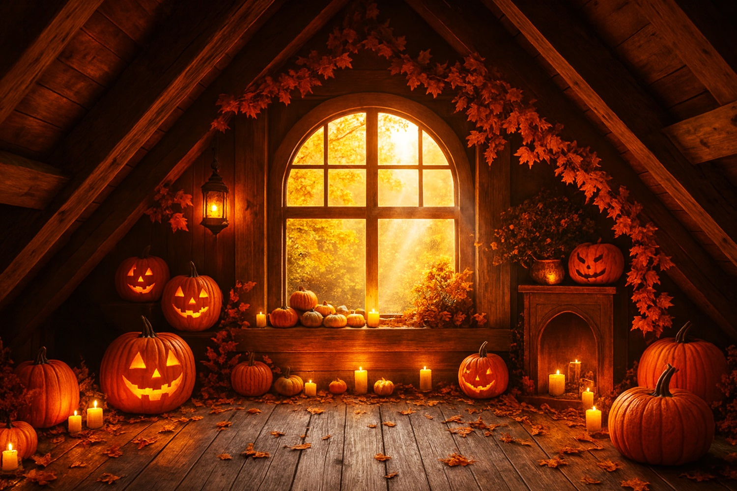 Farm Backdrop Cozy Attic Pumpkin Glow Happy Thanksgiving Backdrop UK LXX510-29