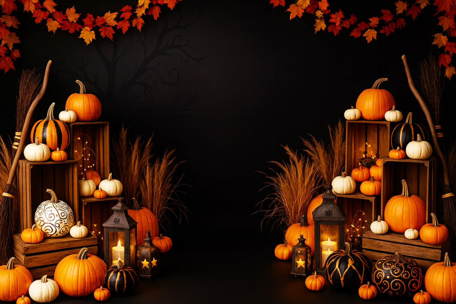 Farm Backdrop Golden Maple Lantern Glow Thanksgiving Photo Backdrop UK LXX510-31