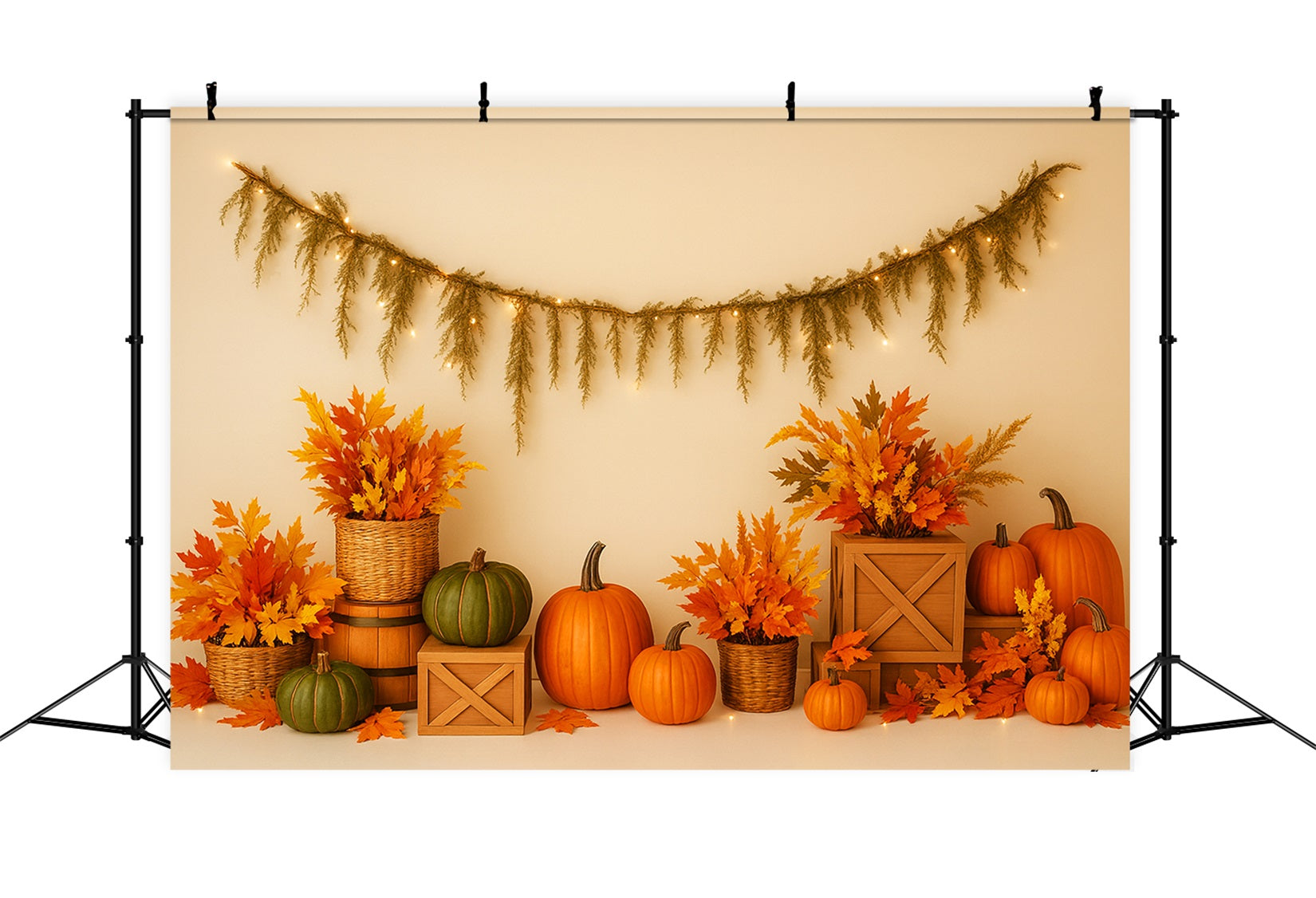 Pumpkin Backdrop Maple Leaves Cozy Arrangement Thanksgiving Photo Backdrops UK LXX510-40