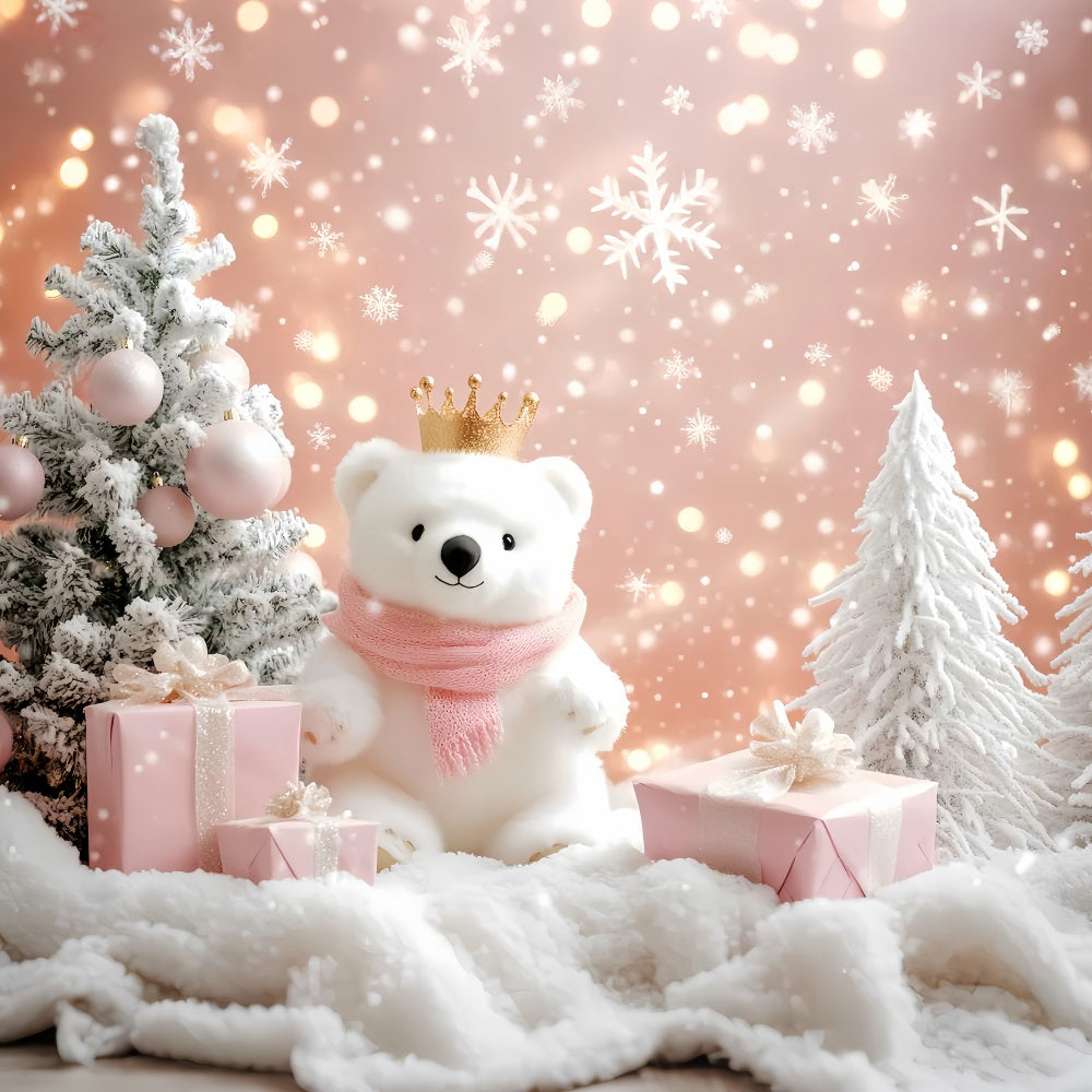 Snowflake Backdrop Pink Polar Bear Wonderland Winter Photography Backdrops UK LXX510-56