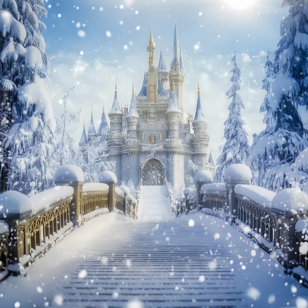 Wonderland Backdrop Snowy Castle Bridge Fantasy Winter Photography Backdrops UK LXX510-64