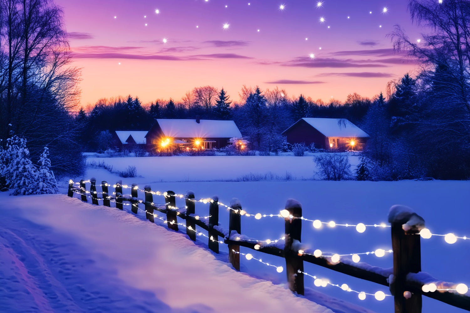 Winter Wonderland Backdrop Twilight Cottage Star Glow Winter Backdrops UK LXX510-88