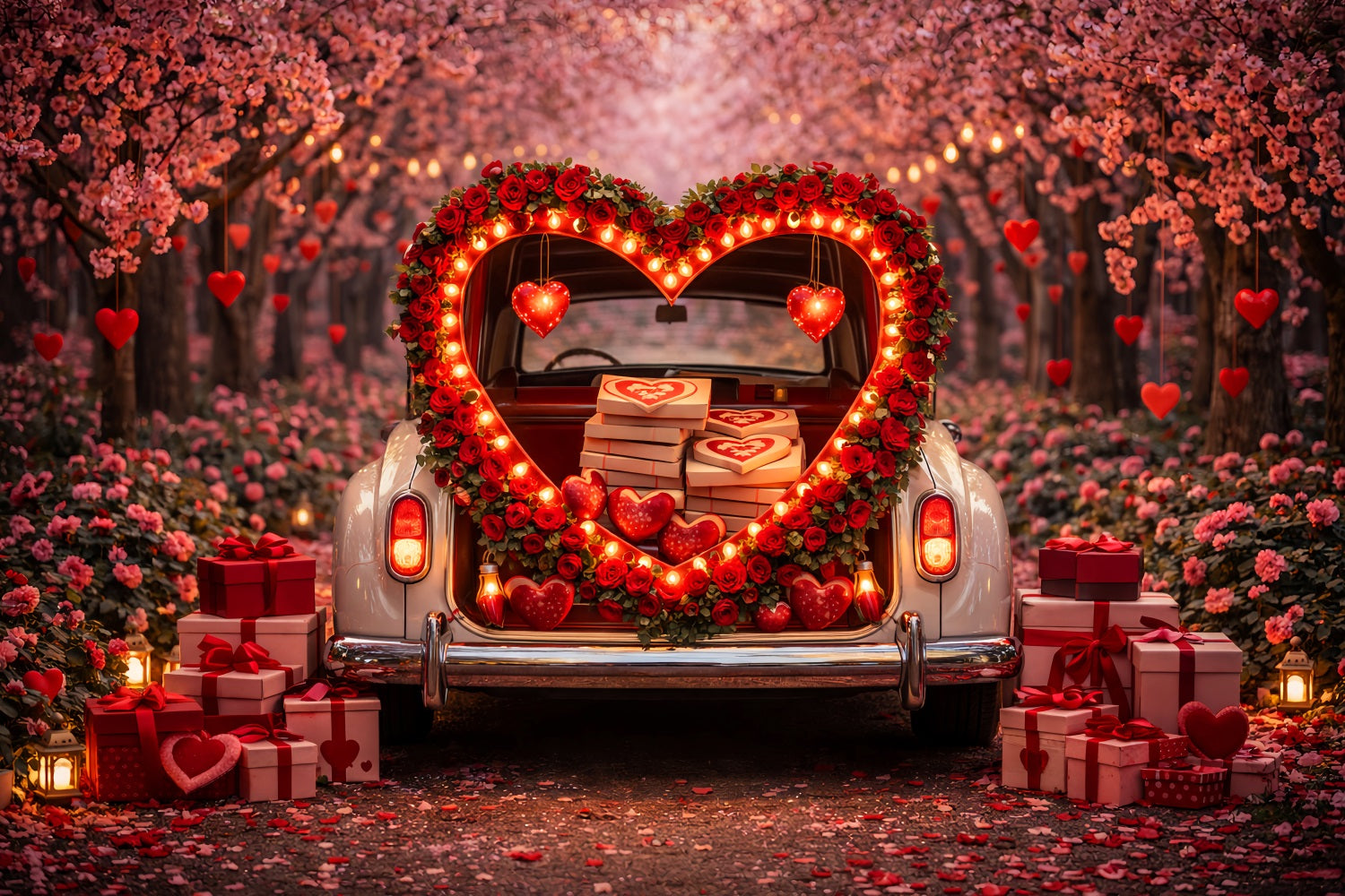 Gift Box Valentine Backdrop Heart Trunk Blossom Red Rose Heart Backdrop UK LXX512-100