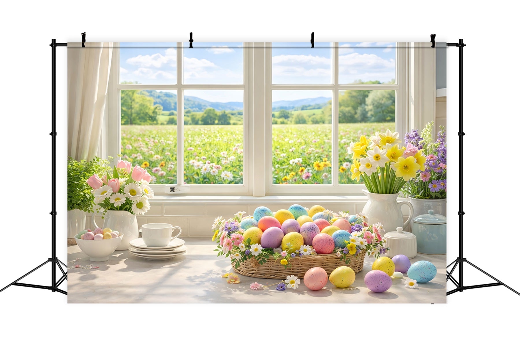 Easter Egg Backdrop Spring Window Basket Daisies Tulip Backdrop UK LXX512-102