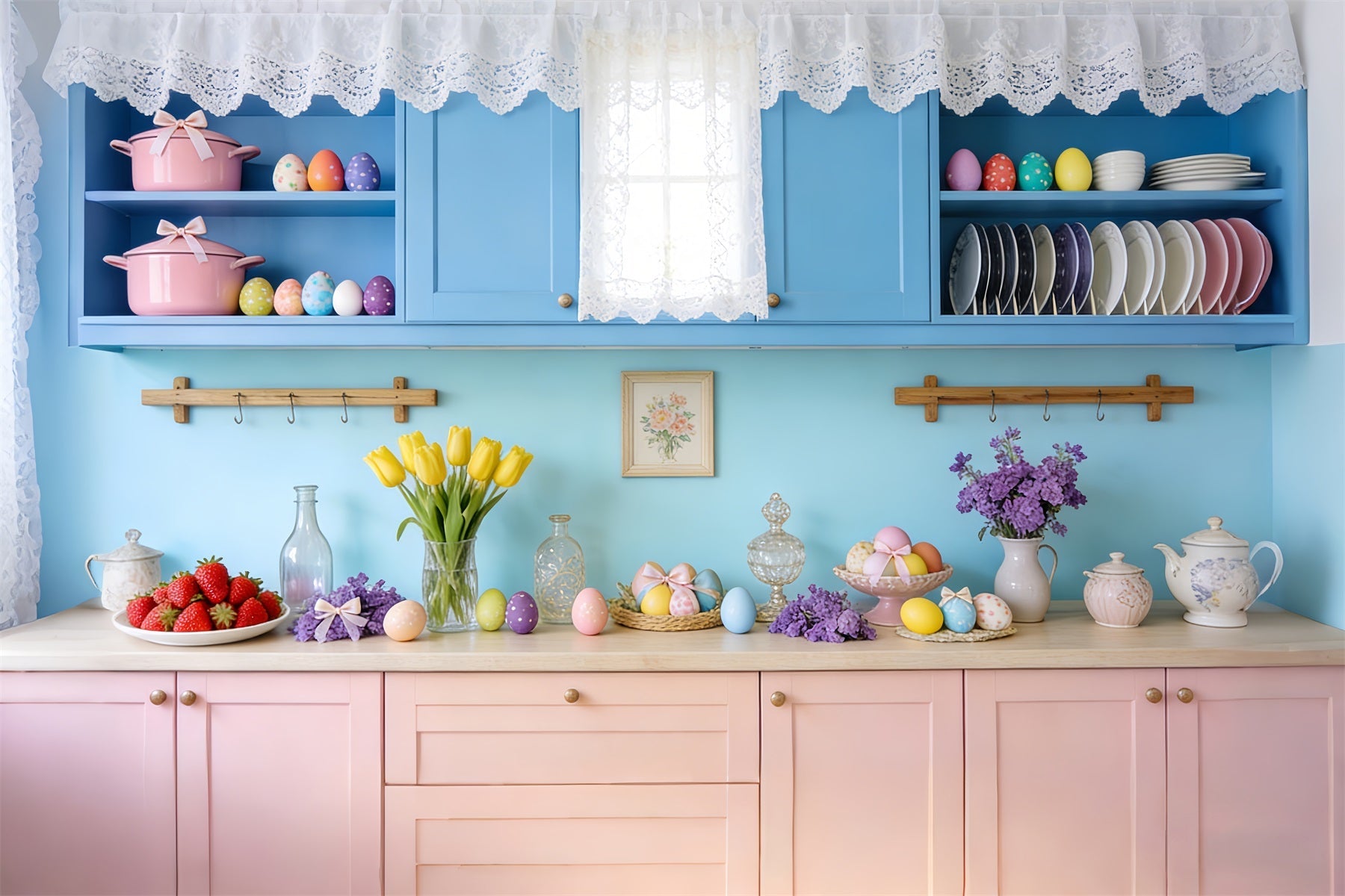 Rustic Easter Backdrop Vintage Blue Kitchen Egg Easter Photo Backdrop UK LXX512-104