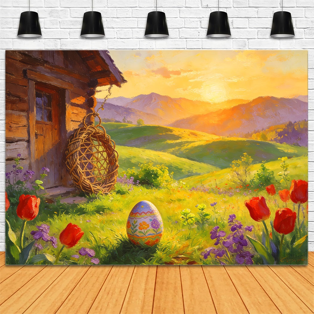 Easter Egg Hunt Backdrop Painted Cottag Sunrise Meadow Tulip Backdrop UK LXX512-106