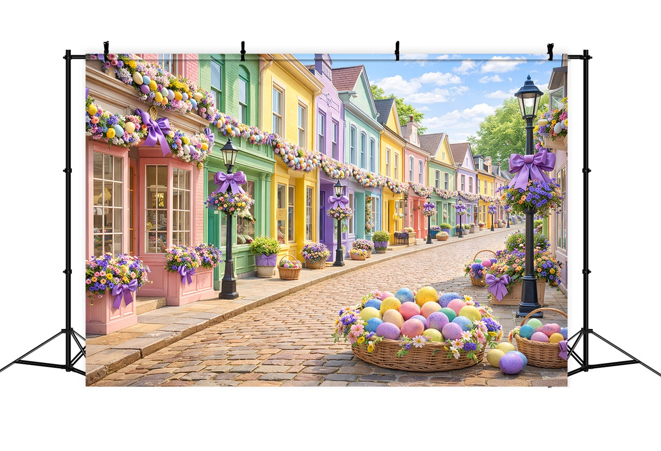 Easter Basket Backdrop Pastel Egg Village Street Easter Photo Backdrop UK LXX512-107