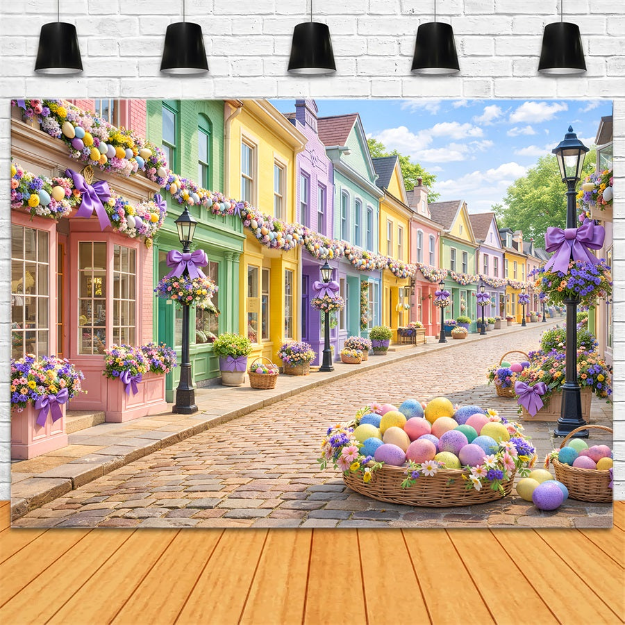 Easter Basket Backdrop Pastel Egg Village Street Easter Photo Backdrop UK LXX512-107