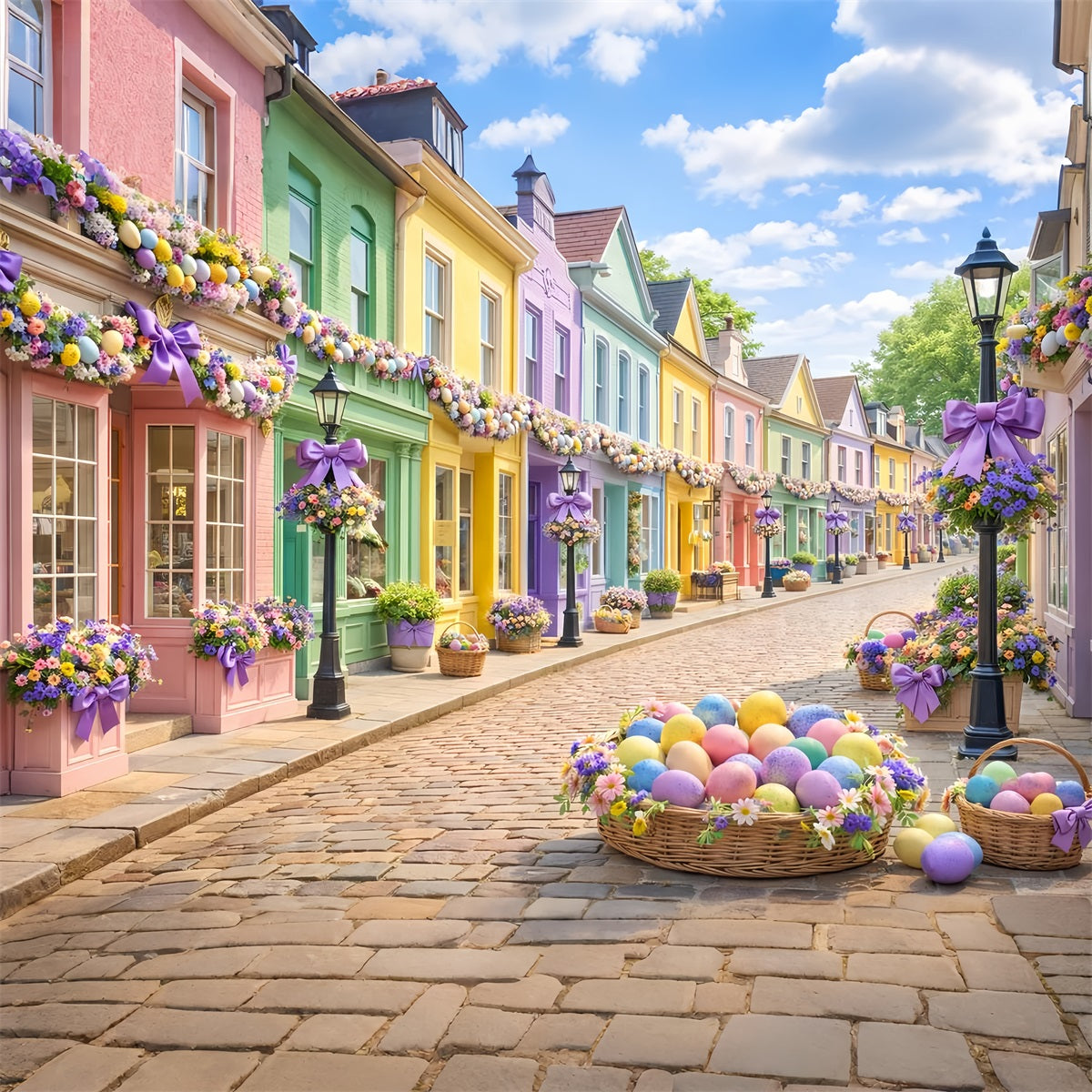 Easter Basket Backdrop Pastel Egg Village Street Easter Photo Backdrop UK LXX512-107