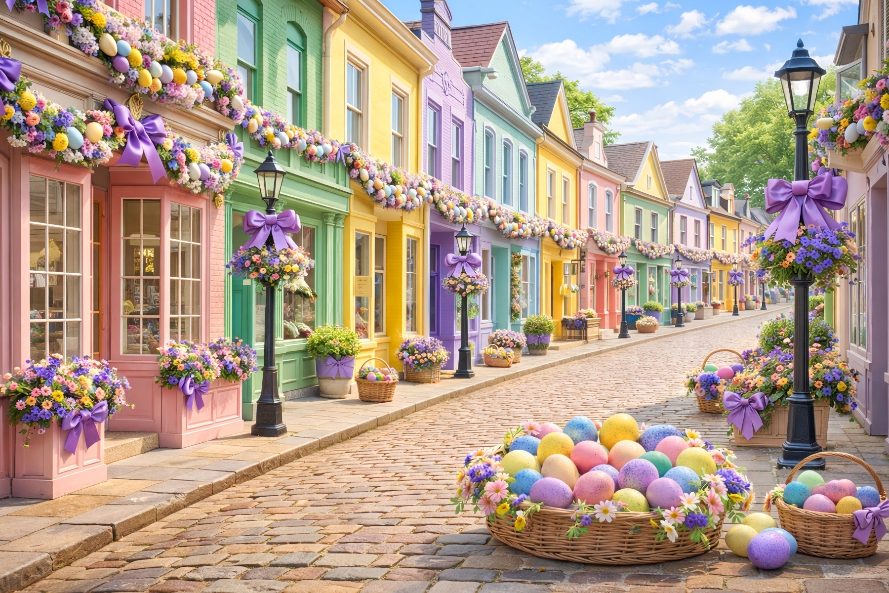 Easter Basket Backdrop Pastel Egg Village Street Easter Photo Backdrop UK LXX512-107