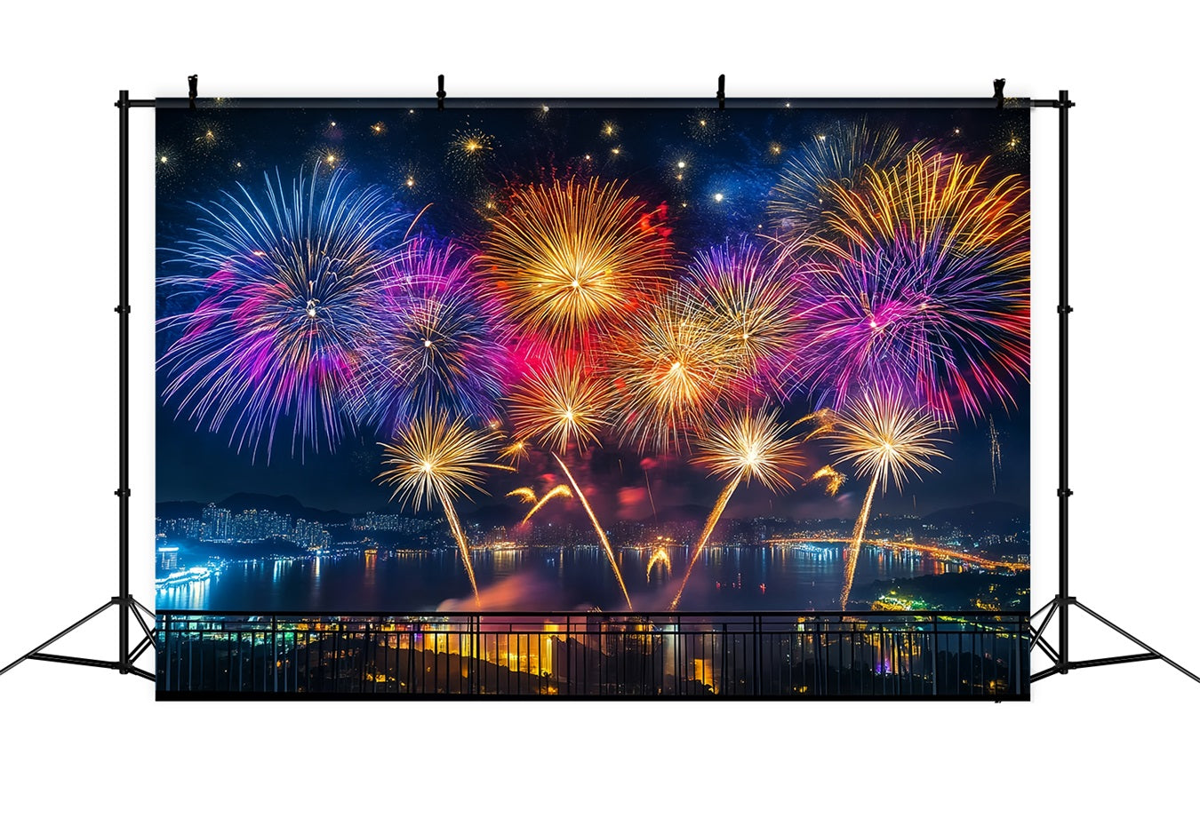 New Years Backdrop Vibrant Fireworks Harbor Panorama City Night Backdrop UK LXX512-11