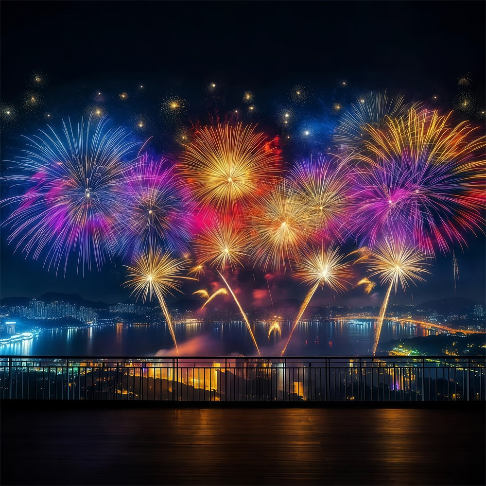 New Years Backdrop Vibrant Fireworks Harbor Panorama City Night Backdrop UK LXX512-11