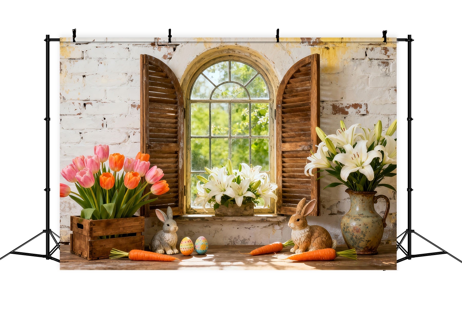 Easter Lily Backdrop Bunny Flowers Shutter Window Rustic Easter Backdrop UK LXX512-112