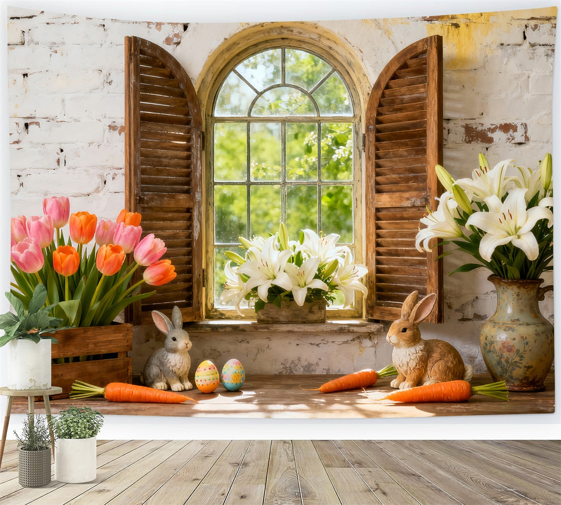 Easter Lily Backdrop Bunny Flowers Shutter Window Rustic Easter Backdrop UK LXX512-112