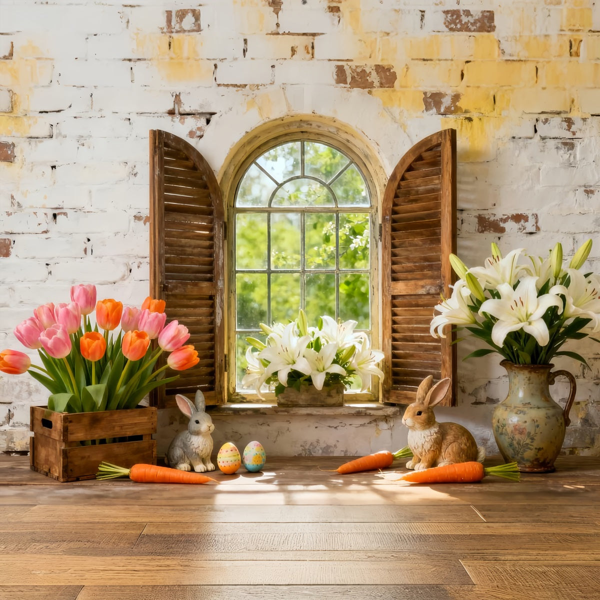 Easter Lily Backdrop Bunny Flowers Shutter Window Rustic Easter Backdrop UK LXX512-112