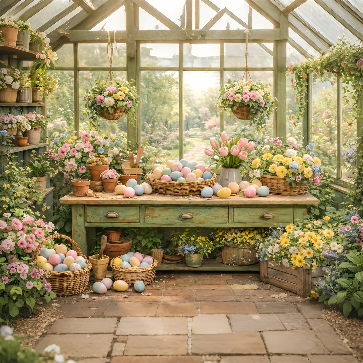 Easter Basket Backdrop Greenhouse Garden Flower Table Easter Egg Backdrop UK LXX512-115