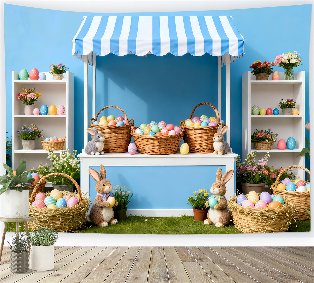 Easter Photo Backdrop Blue Stripe Egg Market Bunny Backdrop UK LXX512-117