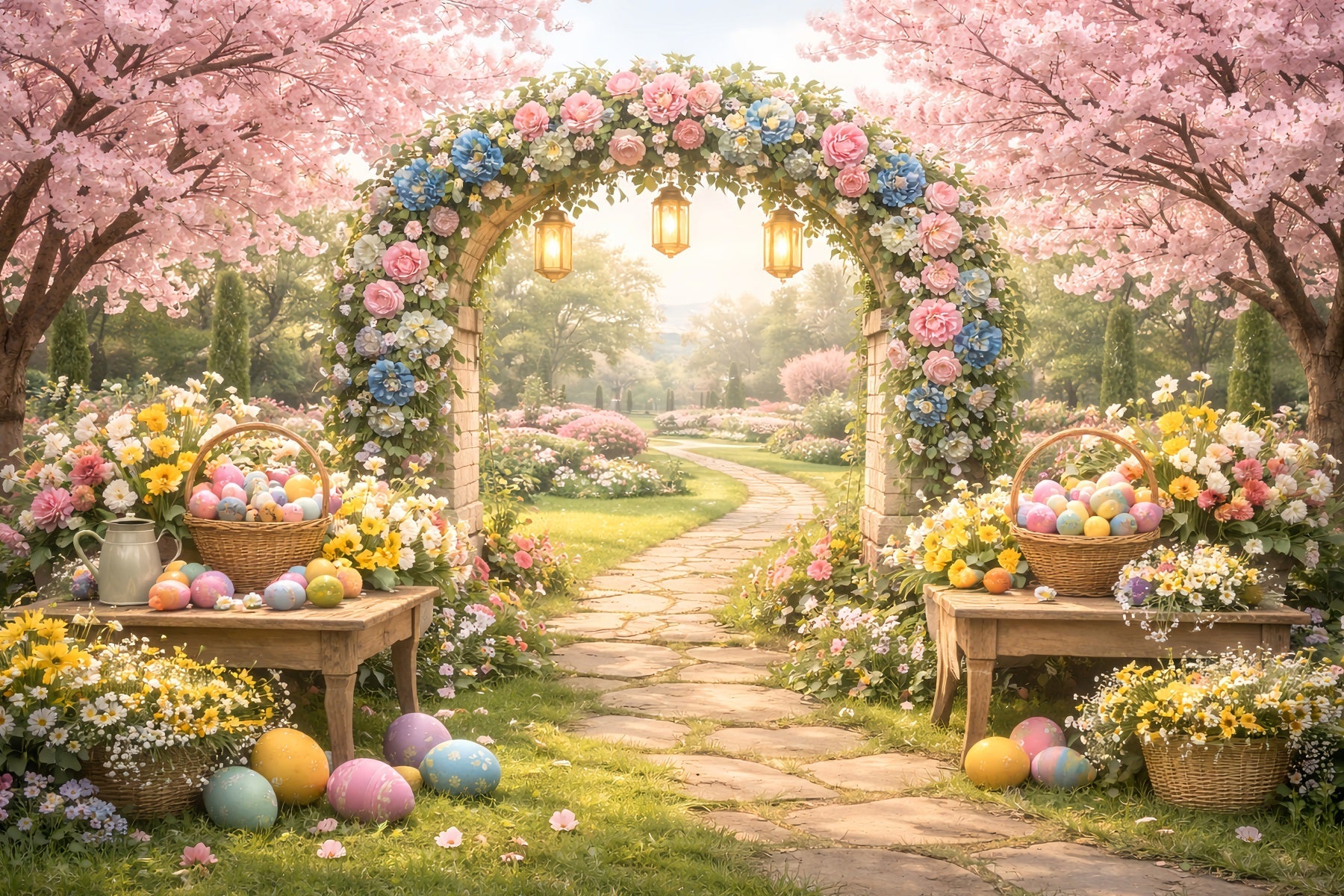 Easter Flower Backdrop Blooming Garden Floral Egg Arch Easter Backdrop Ideas UK LXX512-119