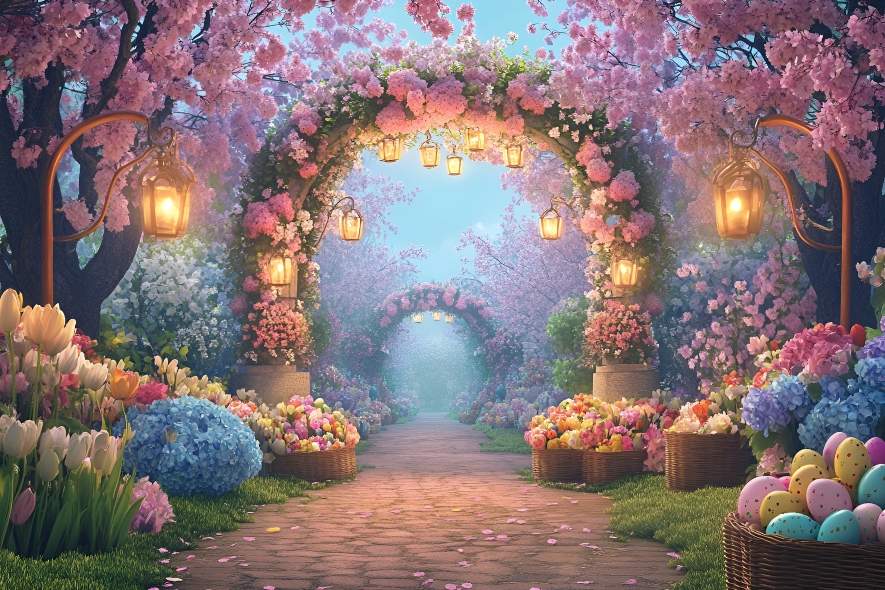 Easter Egg Backdrop Enchanted Blossom Lantern Pathway Tulip Backdrop UK LXX512-120