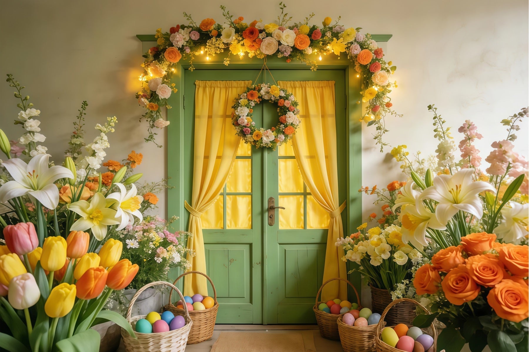 Tulip Backdrop Green Door Floral Wreath Glow Easter Egg Backdrop UK LXX512-124