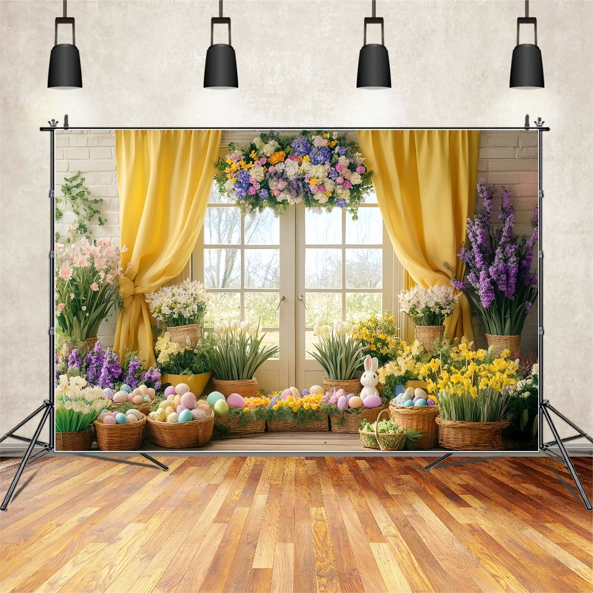 Easter Lily Backdrop Sunlit Yellow Curtain Flower Easter Egg Backdrop UK LXX512-125
