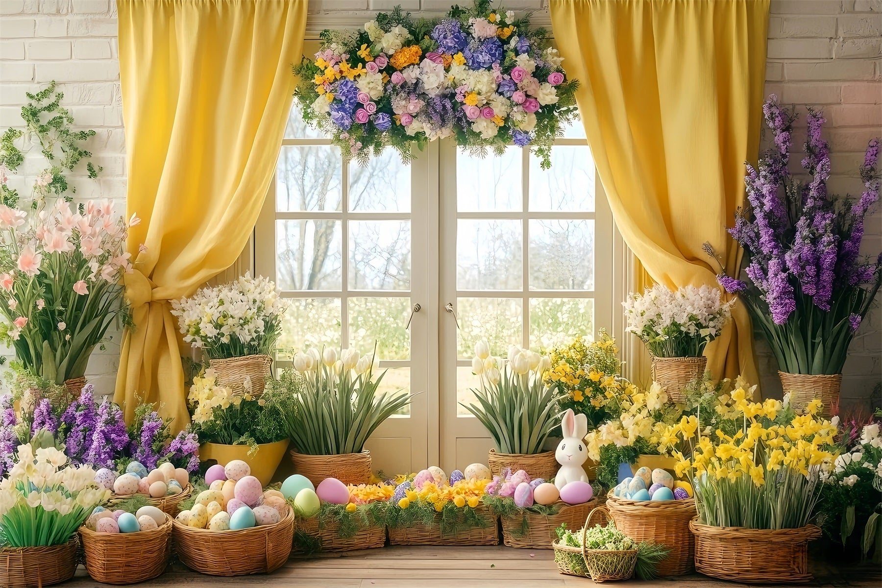 Easter Lily Backdrop Sunlit Yellow Curtain Flower Easter Egg Backdrop UK LXX512-125