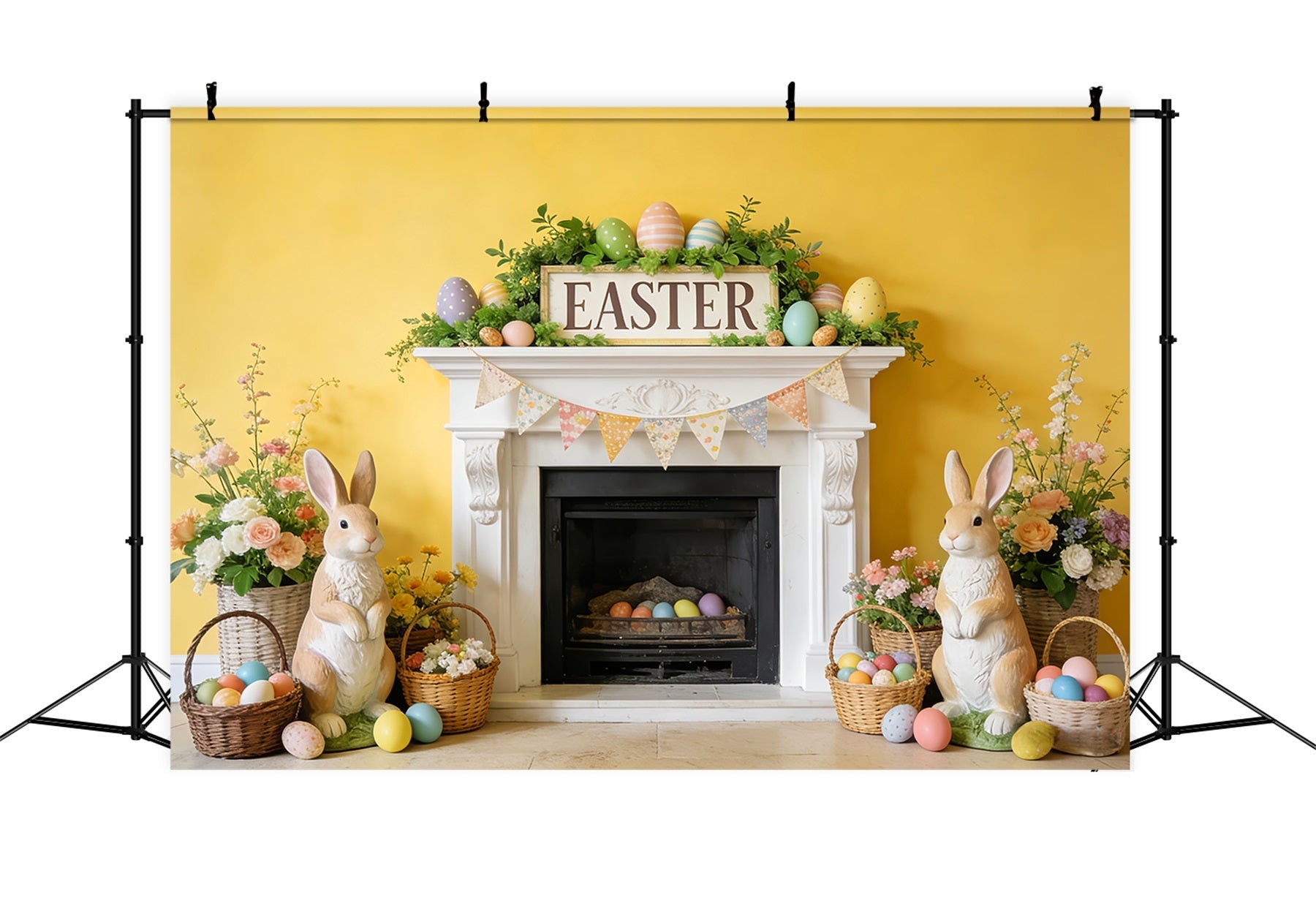 Easter Bunny Backdrop Fireplace Flower Bunting Flags Easter Egg Backdrop UK LXX512-127
