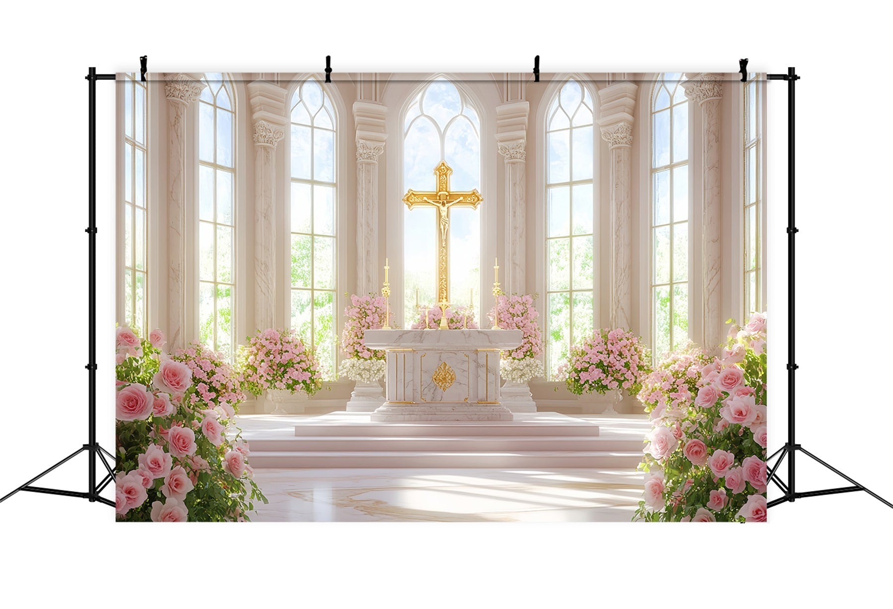 Church Easter Backdrop Golden Cross Floral Cathedral Religious Easter Backdrops UK LXX512-128
